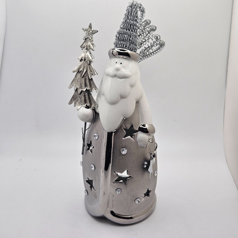 Pier 1 Imports Santa Tealight Candle Holder Silver White Metal Ceramic Christmas